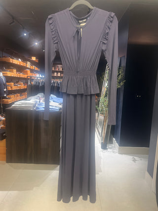 Tom Ford Jersey Smocked Waist Ruffled Shoulder Gown Purple Twilight