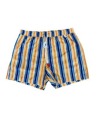 ISAIA Striped Drawstring Swim Trunks in Yellow and Blue