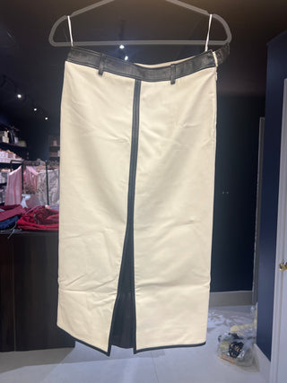 Tom Ford Smooth Fabric Leather-Trim Midi Skirt with Front Slit