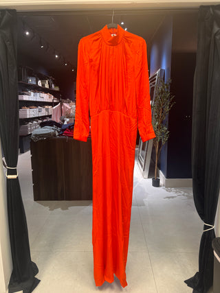 Tom Ford Lustrous Pleated High-Neck Orange Maxi Dress