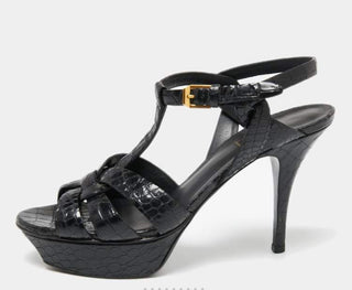 Saint Laurent Croc-Embossed Leather Cage Platform Sandals Black
