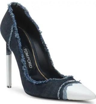 Tom Ford Blue Frayed Denim Pointed-Toe Pumps with White Cap