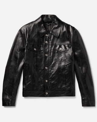Tom Ford Polished Leather Button-Front Trucker Jacket Black