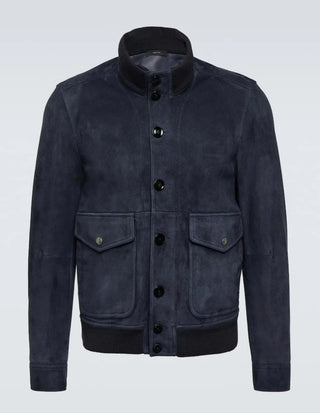 Tom Ford Suede Ribbed-Trim Bomber Jacket Blue