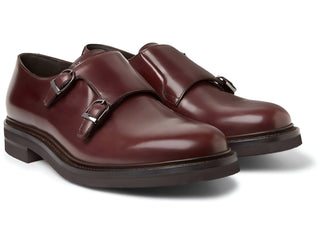 Brunello Cucinelli Polished Leather Burgundy Double Monk Strap Shoes