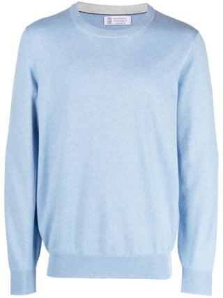 Brunello Cucinelli Cashmere Fine-Knit Crew-Neck Sweater Light Blue