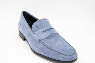 Tods Suede Penny Loafers with Strap in Sky Blue