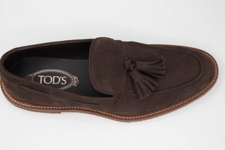 Tods Pebbled Leather Tasselled Loafers in Dark Brown