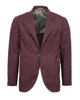 Brunello Cucinelli Plaid Linen Blend Two-Button Blazer Burgundy