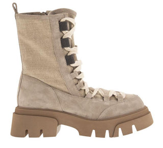 Brunello Cucinelli Suede Canvas Lace-Up Ankle Boots with Lug Sole Roccia