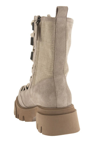 Brunello Cucinelli Suede Canvas Lace-Up Ankle Boots with Lug Sole Roccia