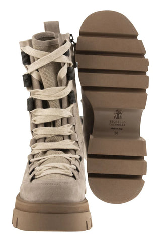 Brunello Cucinelli Suede Canvas Lace-Up Ankle Boots with Lug Sole Roccia