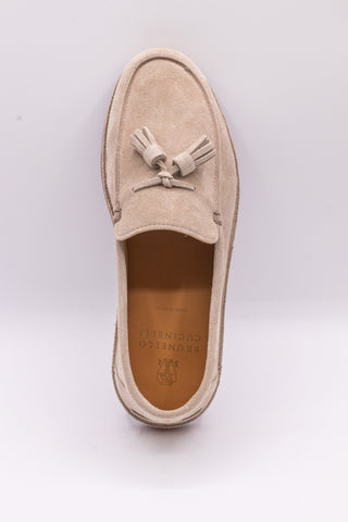 Brunello Cucinelli Suede Tassel Loafers in Sand