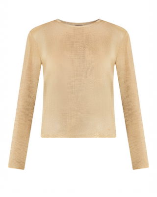 Tom Ford Sheer Fine-Rib Knit Round-Neck Blouse in Gold