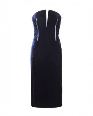Tom Ford Velvet Strapless Sheath Dress with Silver Trims Blue