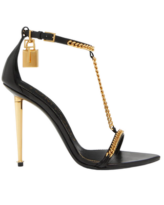 Tom Ford Leather Padlock Chain Stiletto Sandals Black