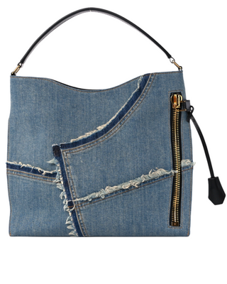 Tom Ford Frayed Patchwork Denim Hobo Shoulder Bag Blue