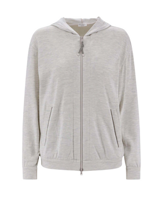 Brunello Cucinelli Melange Knit Zip-Up Hoodie with Vertical Pleats