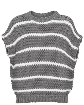 Brunello Cucinelli Chunky Knit Short-Sleeve Striped Sweater in Medium Grey