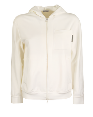 Brunello Cucinelli Ivory Smooth Hooded Zip-Up Cardigan with Monili Detail