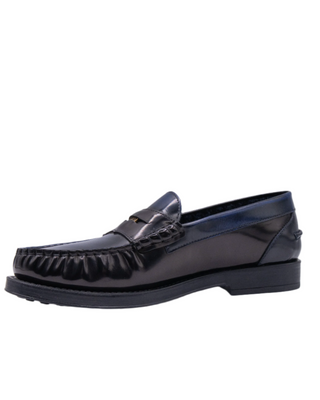 Tods Polished Leather Woven Penny Loafers Dark Blue