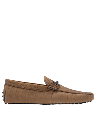 AccessXPrive Crocodile-Embossed Leather Gommino Driving Shoes Tan