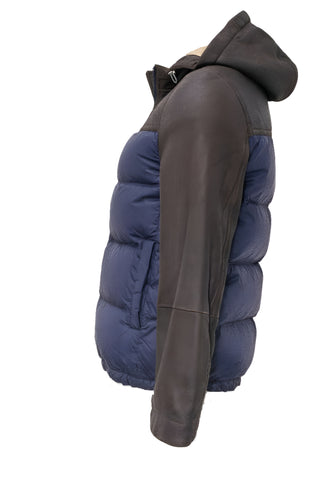 Brunello Cucinelli Navy and Brown Shearling Hooded Down Jacket