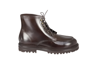 Brunello Cucinelli Polished Leather Moc-Toe Lace-Up Ankle Boots with Lug Sole