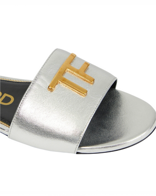 Tom Ford Metallic Leather TF Logo Slides in Silver