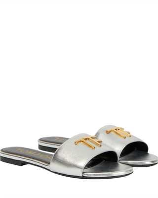 Tom Ford Metallic Leather TF Logo Slides in Silver