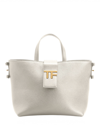 Tom Ford Pebbled Metallic Leather TF Logo Mini Tote White
