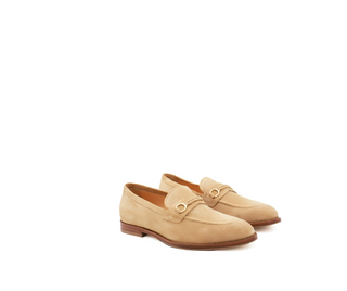 Brunello Cucinelli Mens Suede Sand Beige Horsebit Loafers with Buckle