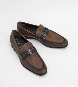 Tods Burnished Leather Braided Strap Loafers