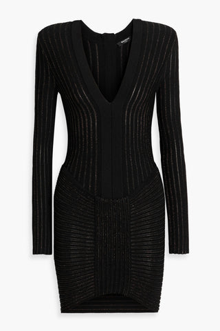 BALMAIN METALLIC RIBBED-KNIT MINI DRESS - Size 36