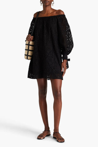 ALICE + OLIVIA OFF-THE-SHOULDER BRODERIE ANGLAISE COTTON MINI DRESS - Size S