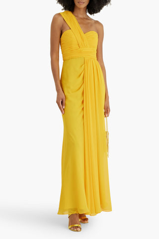 BADGLEY MISCHKA ONE-SHOULDER DRAPED CHIFFON GOWN - Size 8