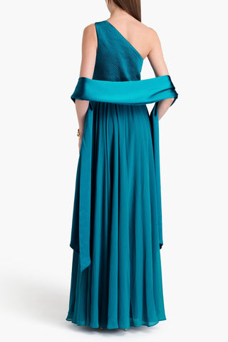 BADGLEY MISCHKA ONE-SHOULDER GEORGETTE-PANELED SATIN GOWN - Size 6