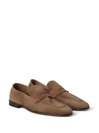 Brunello Cucinelli Suede Penny Loafers in Taupe