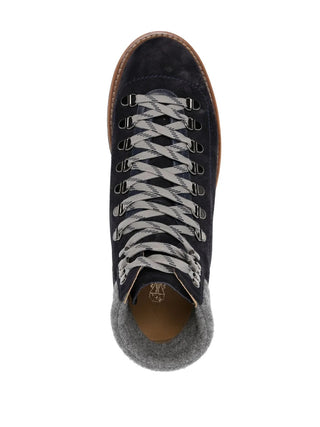 Brunello Cucinelli Suede Deep Blue Padded-Collar Lace-Up Boots