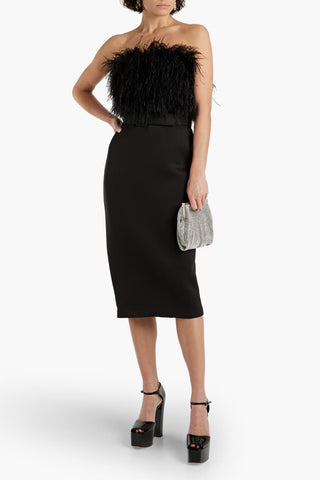 BADGLEY MISCHKA STRAPLESS FEATHER-EMBELLISHED SCUBA MIDI DRESS - Size 8