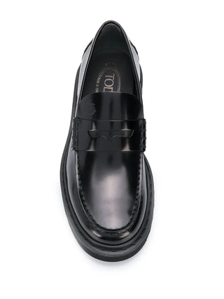 Tods Polished Leather Chunky Sole Penny Loafers Black