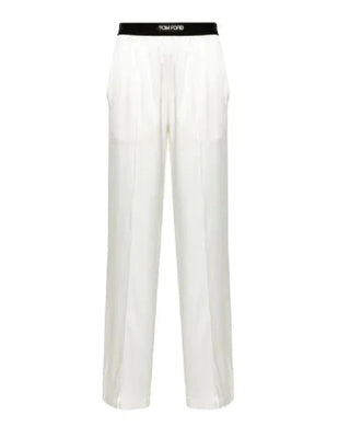 Tom Ford Cotton Blend Wide-Leg Trousers with Logo Waistband White