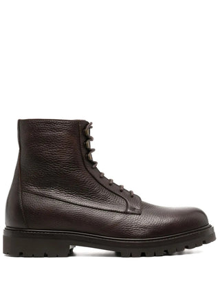 Brunello Cucinelli Pebbled Leather Lace-Up Ankle Boots with Lug Sole