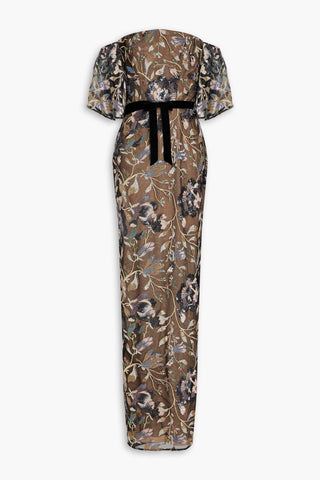 MARCHESA NOTTE OFF-THE-SHOULDER EMBELLISHED TULLE GOWN - Size 6