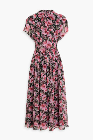 MIKAEL AGHAL PUSSY-BOW FLORAL-PRINT CREPE DE CHINE MIDI DRESS - Size 14