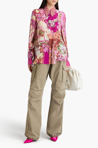 CAMILLA CRYSTAL-EMBELLISHED FLORAL-PRINT SILK CREPE DE CHINE BLOUSE - Size M