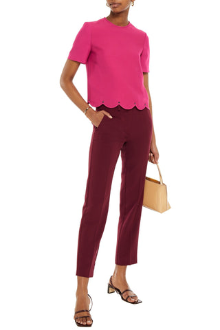 VALENTINO GARAVANI SCALLOPED STUDDED WOOL AND SILK-BLEND CREPE TOP - Size 36