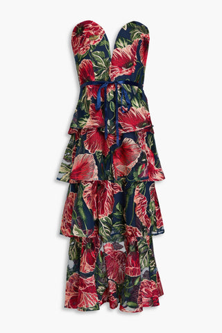 MARCHESA NOTTE STRAPLESS TIERED EMBROIDERED TULLE MIDI DRESS - Size 10