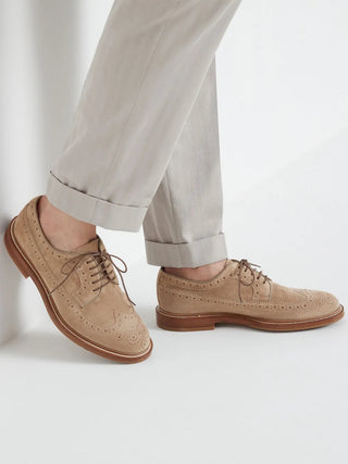Brunello Cucinelli Suede Longwing Brogue Derby Shoes in Beige