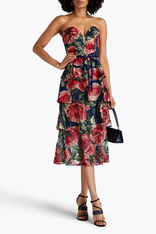 MARCHESA NOTTE STRAPLESS TIERED EMBROIDERED TULLE MIDI DRESS - Size 10